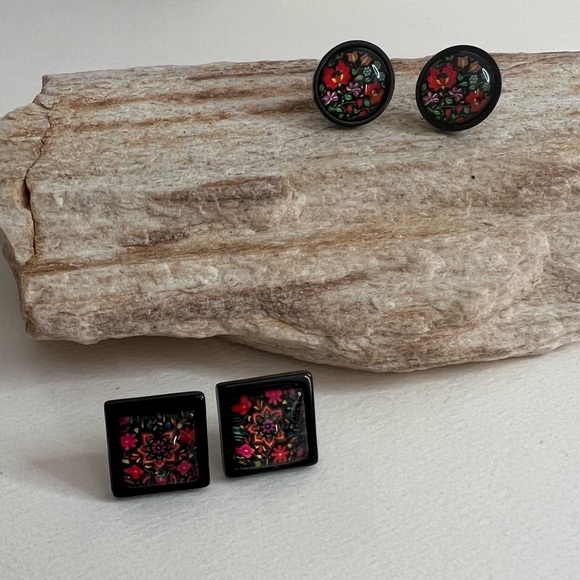 Classic Round & Square Stud Earrings - Black and Floral Stud Earrings - Picture 1 of 13